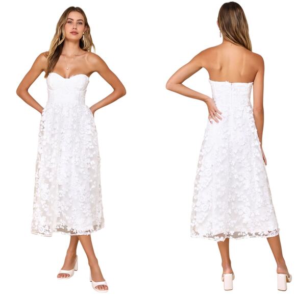 Lulus Quite Perfect White Floral Embroidered Strapless Midi Dress size Large NWT - Picture 1 of 5